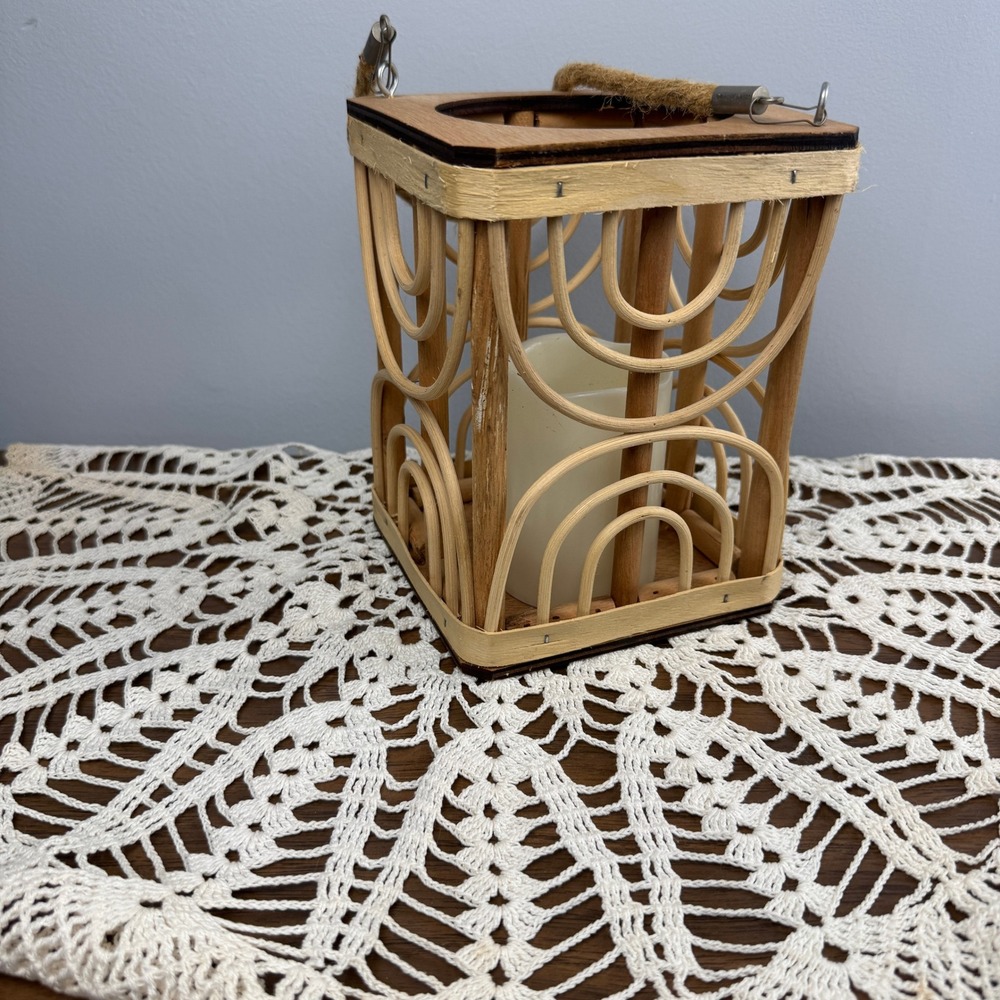 Boho Natural Wood Arched Rattan Lantern with Jute Handle and LED Candle Scandi